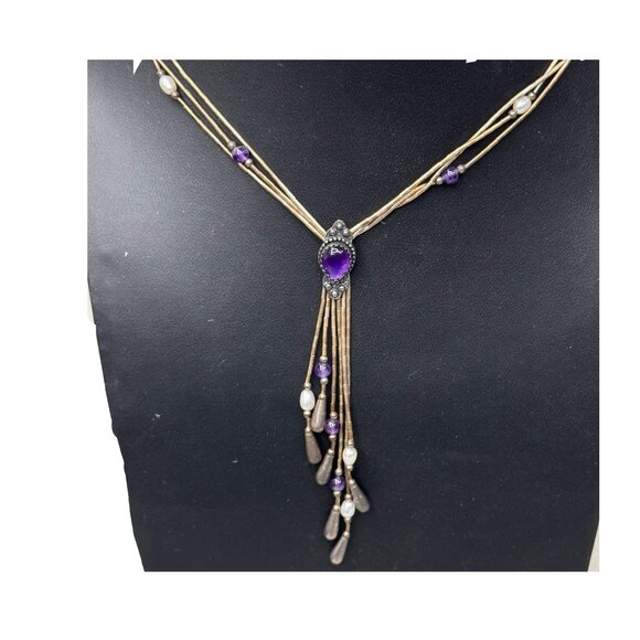 Vtg 19" Liquid Silver Teardrop Amethyst Tassel Lariat Necklace Carolyn Pollack - Picture 2 of 9
